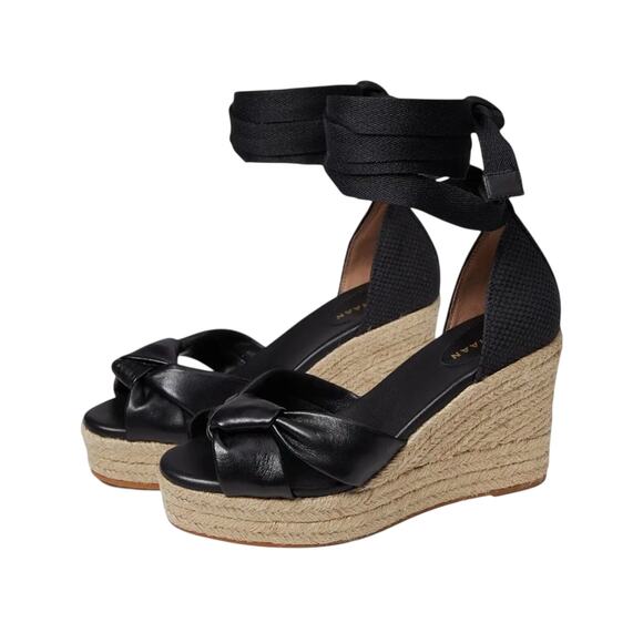 Cole Haan Cloudfeel Hampton Black Leather Natural Canvas Wedge Sandals Size 10